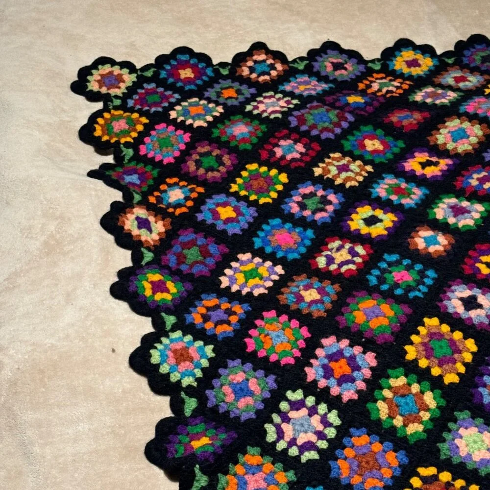 Vintage Hand Crocheted Granny Squares Quilt 63” x 50” black trim colorful vibran